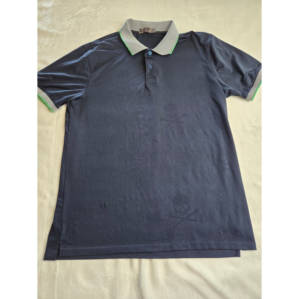 G/FORE Mens Navy Blue Skull Jacquard Polo‎ Shirt Striped Collar Size M Skull